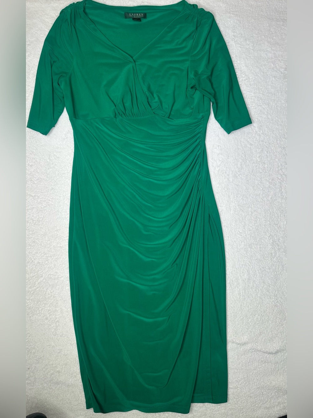 Lauren Ralph Lauren Green Ruched Draped Wrap Style Midi Dress 3/4 Sleeve
